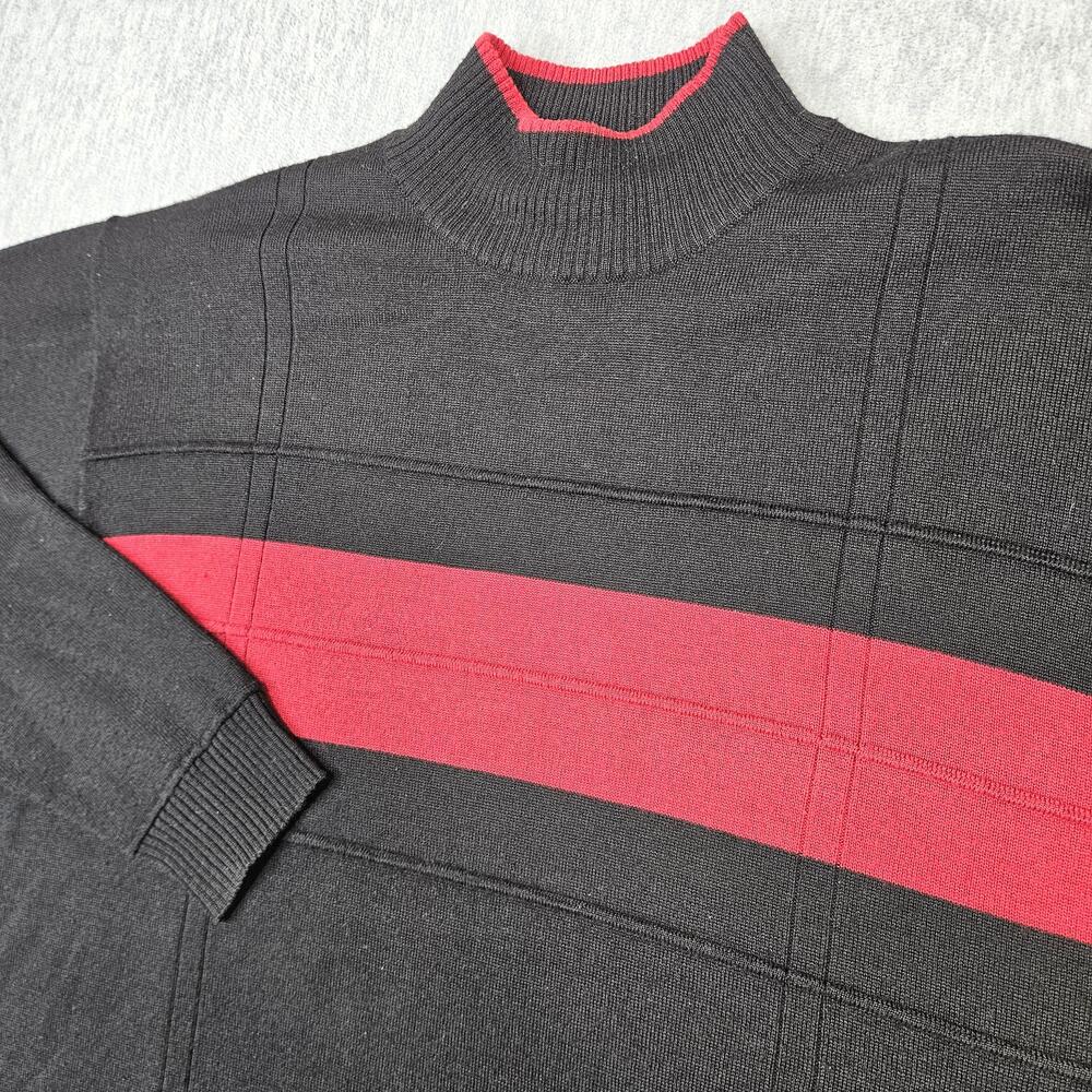 CEZANI Sweater Mens L Black Red Stripe Mock Neck Merino Wool Blend Made In UK